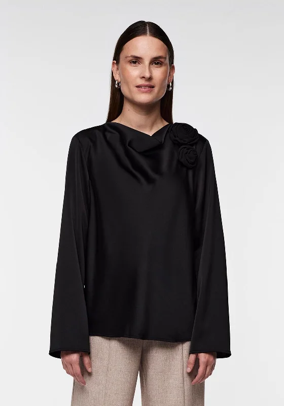 Y.A.S Elmiro Corsage Detail Satin Blouse, Black Balloon Sleeve Blouse