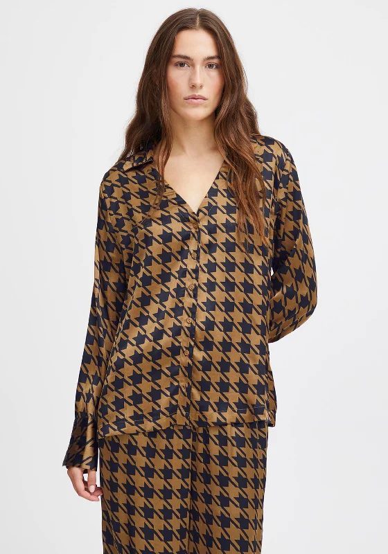 Ichi Leonie Houndstooth Satin Feel Blouse, Brown Balloon Sleeve Blouse