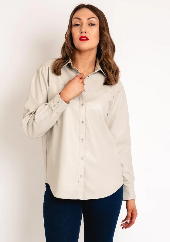 YAYA Button Up Faux Leather Blouse, Silver Lining Beige Classic White Blouse