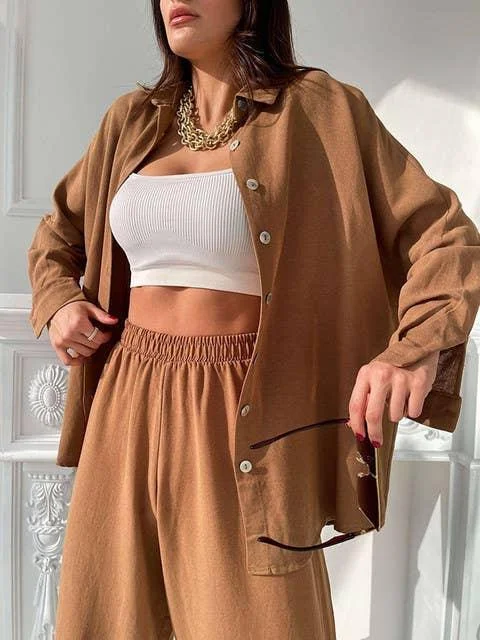Ladies Solid Color Top Pant 2PCS Set 7395 Chic Slim Fit Pants