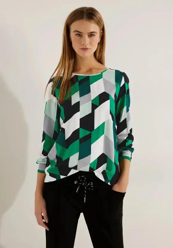 Cecil Round Neck Geo Print Blouse, Easy Green Textured Cotton Blouse