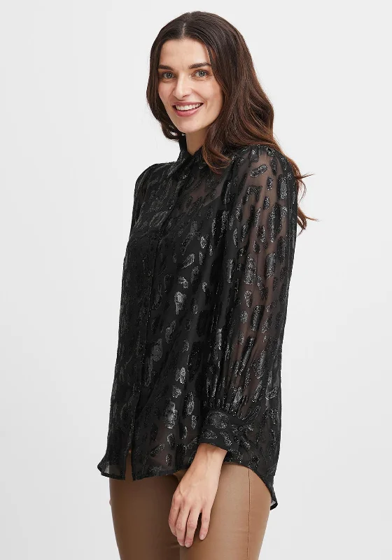 Fransa Sheer Metallic Print Blouse, Black Elegant Silk Blouse