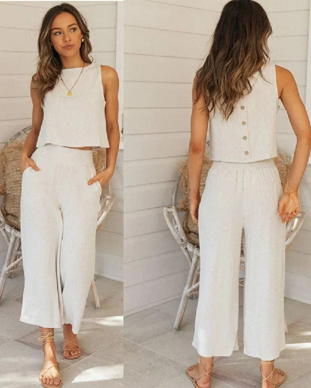Ladies Solid Color Top and Pant 2PCS Daily Set SKST188 Trendy Tapered Pants