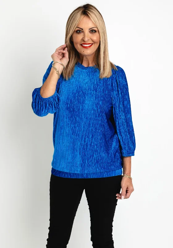 Fransa Madison Ribbed Velour Blouse, Blue Floral Print Blouse