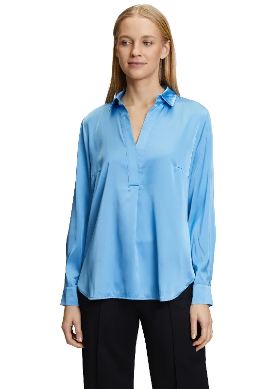 Betty Barclay Satin Feel V-Neck Blouse, Azure Blue Silky Tunic Blouse