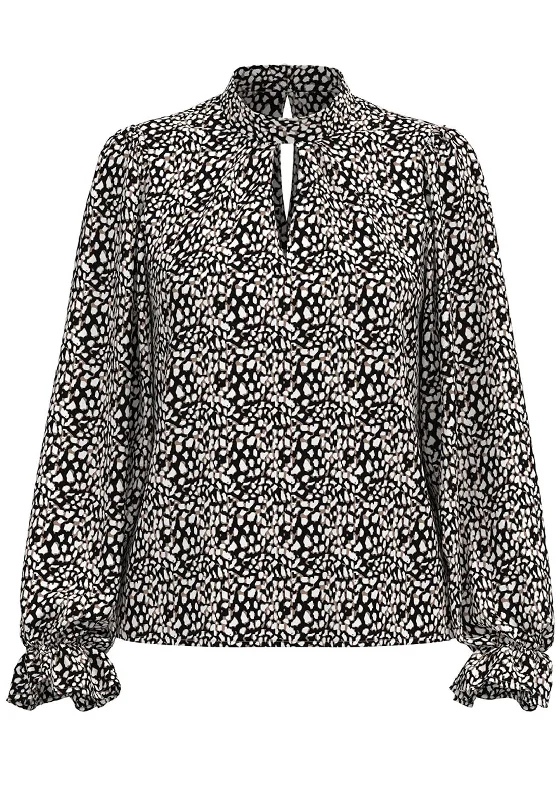 Vila Alia Cutout Print Blouse, Black Elegant Semi-Sheer Blouse
