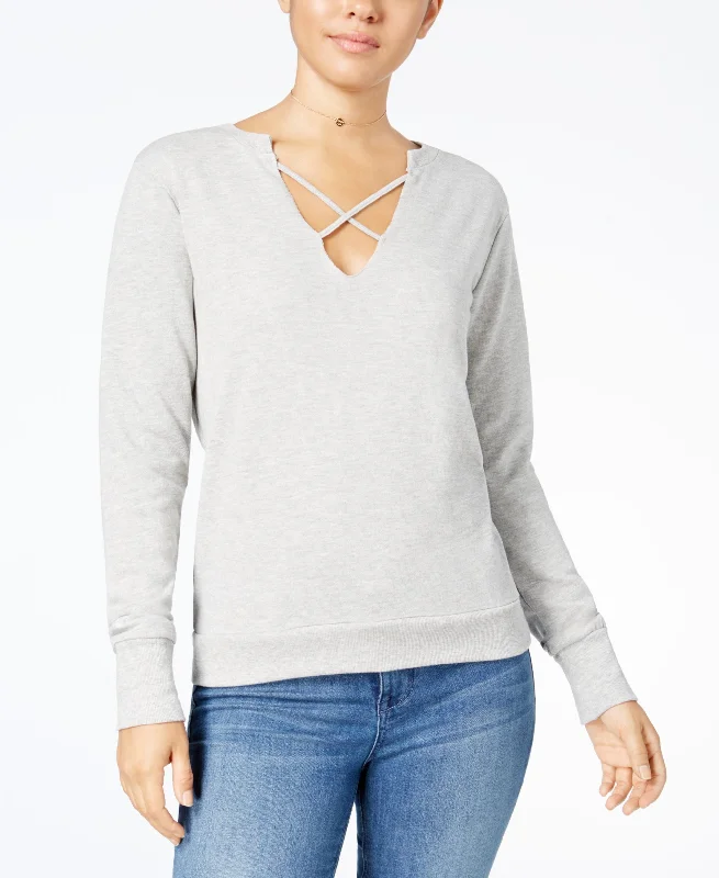 Almost Famous Juniors Strappy Front Sweatshirt Hoodie with Puffed Sleeves Voluminous Trendy Almost Famous Juniors Strappy Front Sweatshirt Hoodie with Puffed Sleeves Voluminous Trendy