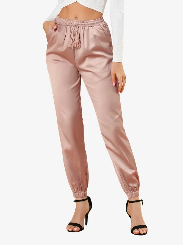 Drawstring Elastic Waist Athleisure Pants Satin Joggers Trendy Velvet Pants