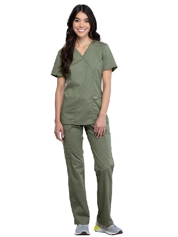 Revolution Women's Scrub Set Mock Wrap Top & Tall Pants | Olive Trendy Wide-Leg Pants Revolution Women's Scrub Set Mock Wrap Top & Tall Pants | Olive Trendy Wide-Leg Pants