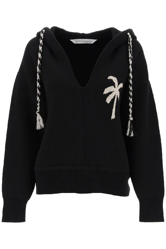 Palm Knitted Hoodie  - Black Hoodie with Ribbed Neckline Snug Warm