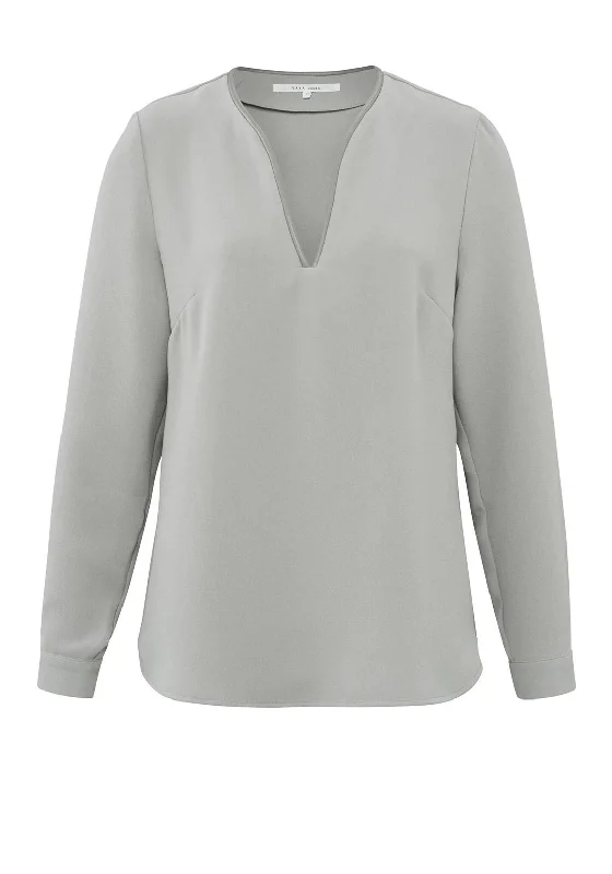 YAYA Faux Leather Accent V-Neck Blouse, Paloma Grey Lightweight Chiffon Blouse