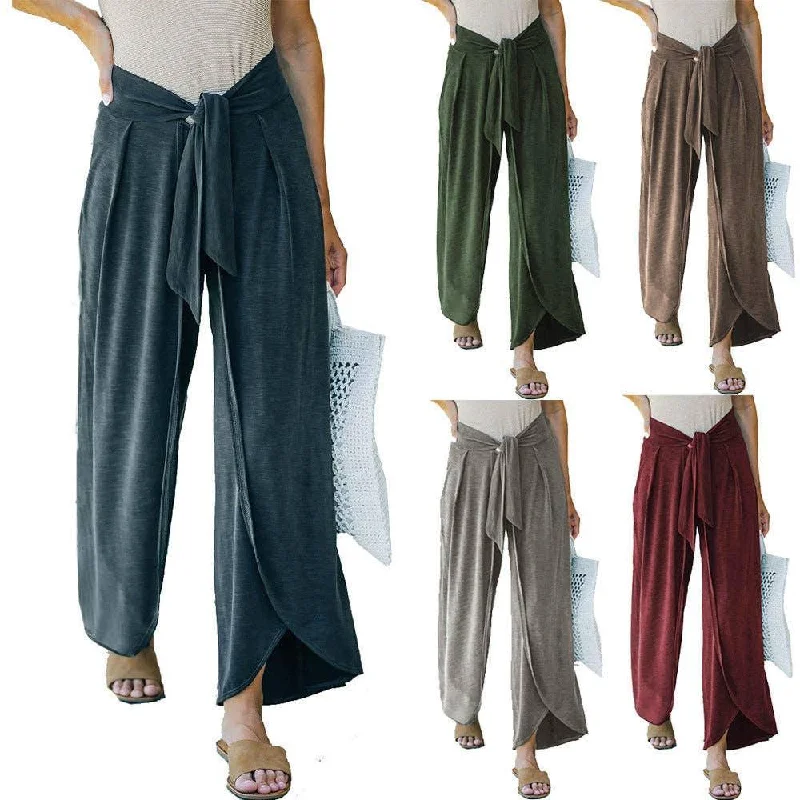 Solid Color Mid Waist Ladies Wide Leg Pants RX6601 High-Waist Jogger Pants