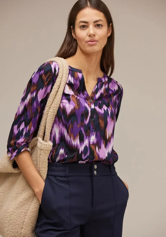 Street One Slit Neck Print Blouse, Deep Pure Lilac Embroidered Cotton Blouse