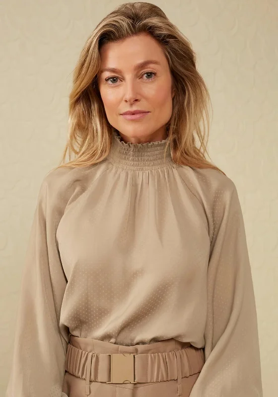 YAYA Smocked Jacquard Blouse, Almond Brown Feminine Tie Blouse