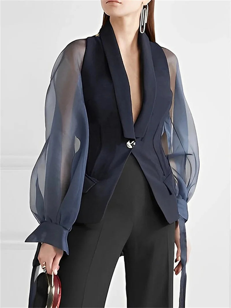 Women's Puff Sleeve Mesh Blouse & Pants Fashion Designer Long-Sleeve Tops Mandarin Collar Blouse Women's Puff Sleeve Mesh Blouse & Pants Fashion Designer Long-Sleeve Tops Mandarin Collar Blouse
