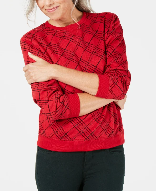 Karen Scott Plaid Crew Neck Sweatshirt Hoodie with Earth Tones Natural Calm