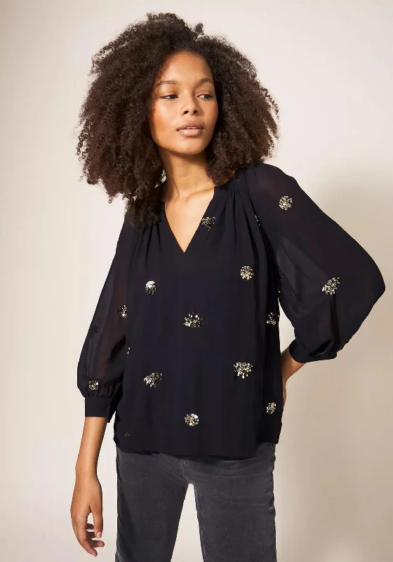 White Stuff Astrid Sequin Blouse, Black Multi Relaxed Fit Blouse