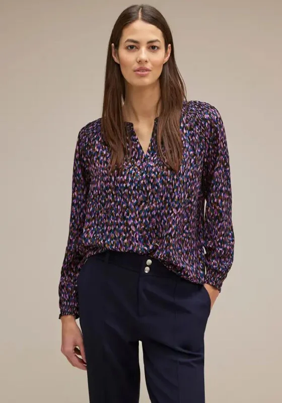Street One Shirred Detail Print Blouse, Atlantic Blue Elegant Lace Blouse