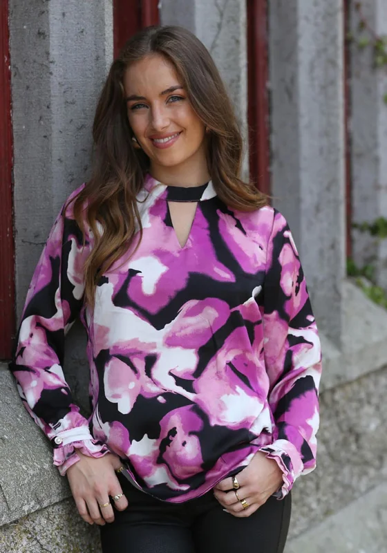 Rant and Rave Anya Bold Abstract Print Blouse, Pink Side Tie Blouse