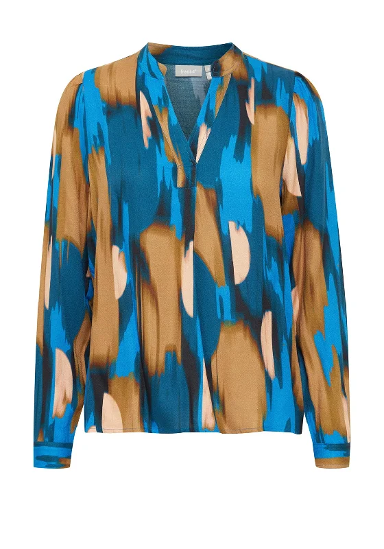 Fransa Dany V-Neck Print Blouse, Blue Polished Work Blouse