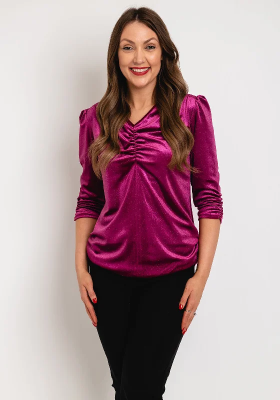 Leon Collection Ruched Detail Shimmer Blouse, Pink Semi-Sheer Blouse