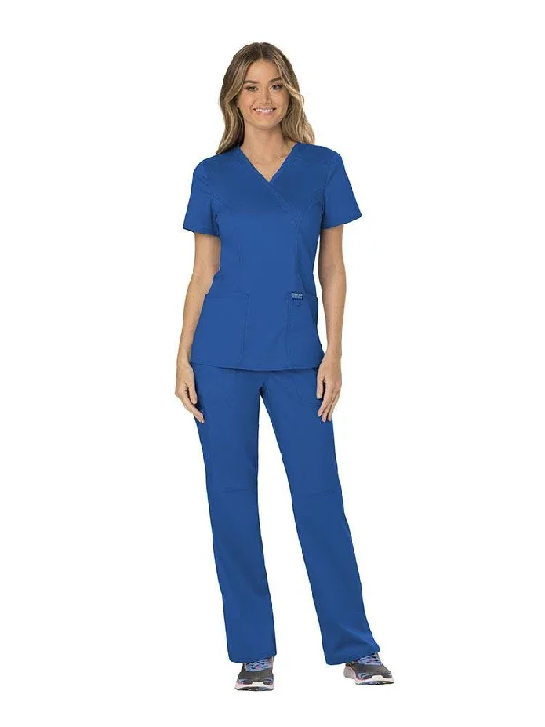 Revolution Women's Scrub Set Mock Wrap Top & Petite Pants | Royal Blue Formal Slim Pants Revolution Women's Scrub Set Mock Wrap Top & Petite Pants | Royal Blue Formal Slim Pants
