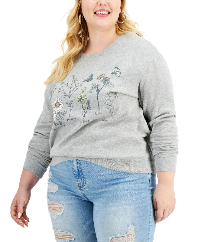 Trendy Plus Size Botanical Floral-Graphic Sweatshirt Hoodie with Elastic Cuffs Stretchable Comfortable Trendy Plus Size Botanical Floral-Graphic Sweatshirt Hoodie with Elastic Cuffs Stretchable Comfortable