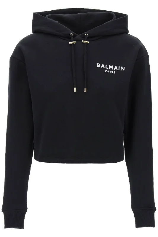 Cropped Hoodie With Flocked Logo  - Black Hoodie with Lining Warm Insulated