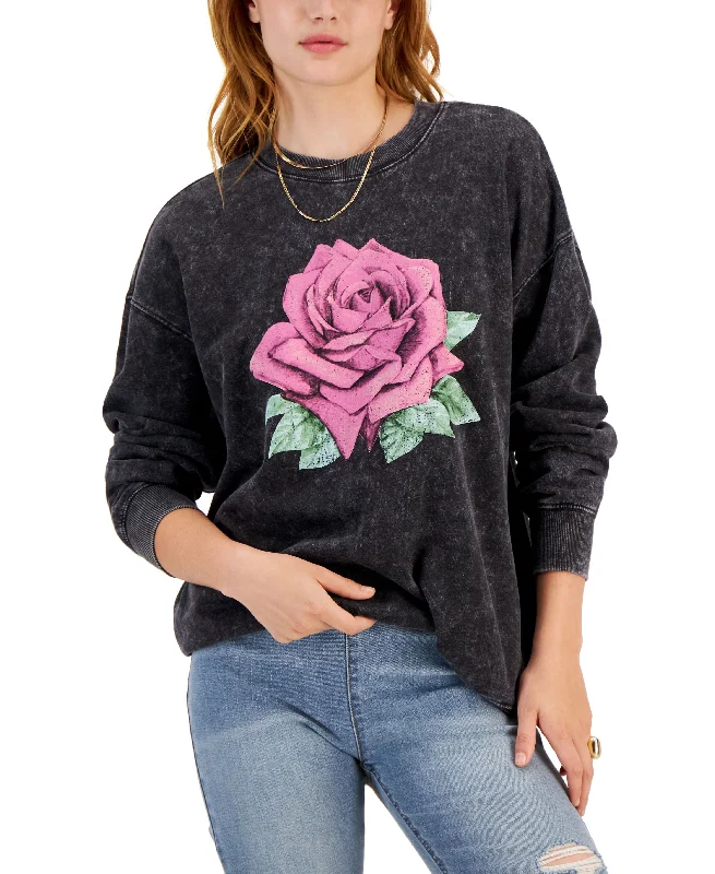 Juniors' Rose Mineral Wash Crewneck Sweatshirt Oversized Hoodie Comfort Casual