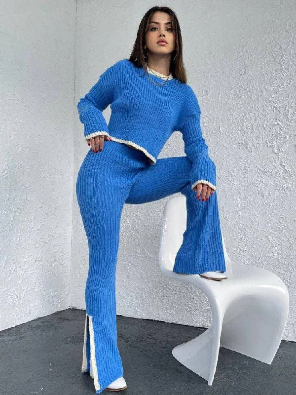 Ladies Color Block Short Top Split Pants Knit Set FQS1415 High-Waist Jogger Pants