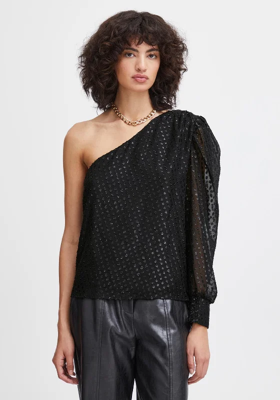 Ichi Karima One Sleeve Polka Dot Blouse, Black Casual Relaxed Blouse