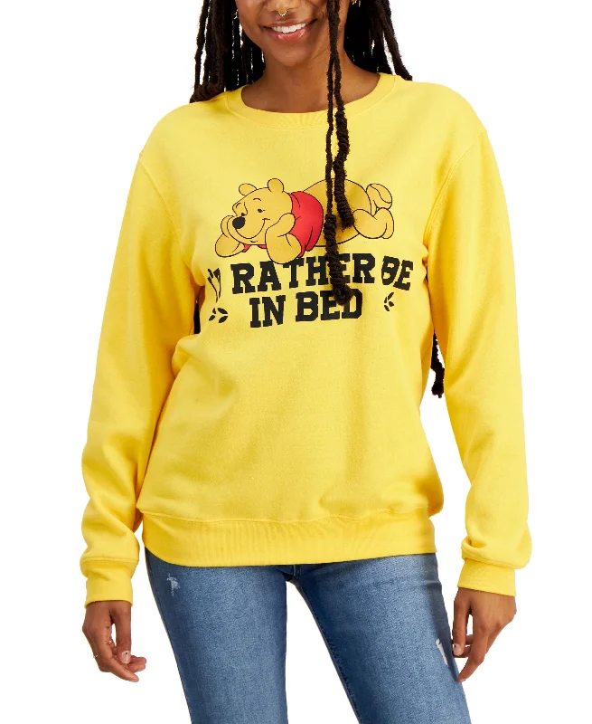 Juniors' Rather Be In Bed Pooh Sweatshirt Hoodie with Raw Hem Edgy Unfinished