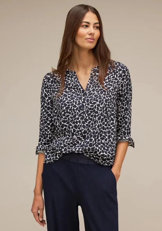 Street One V-Split Neck Print Blouse, Deep Blue Puff Sleeve Blouse