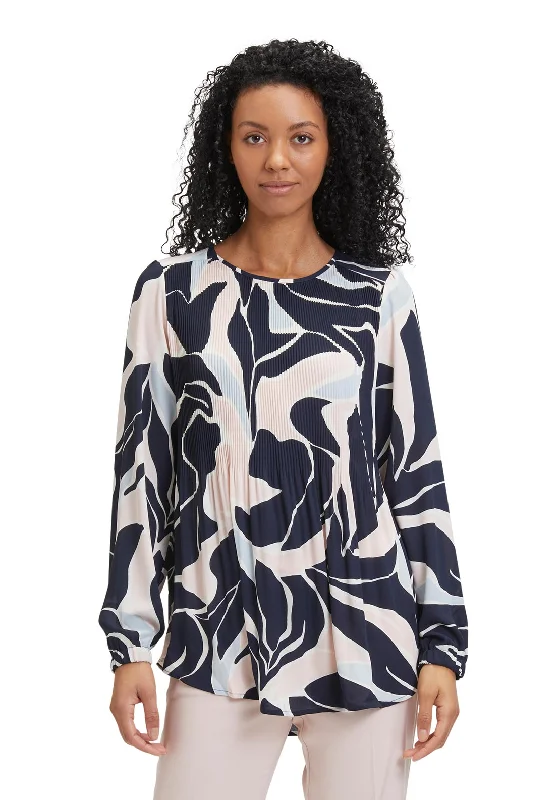 Betty Barclay Plisse Print Blouse, Dark Blue Rose Satin Bow Blouse