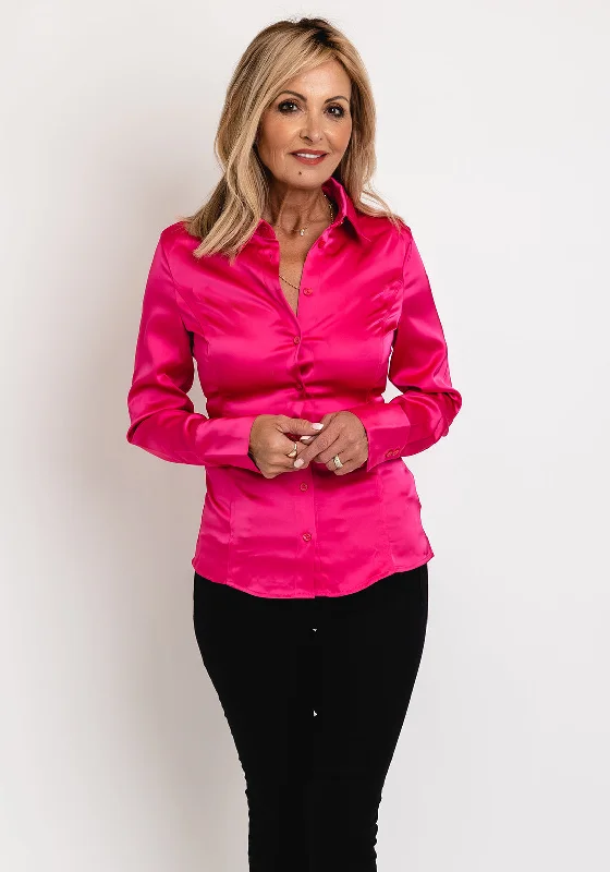 Guess Womens Fernanda Satin Fitted Blouse, Fuchsia Cotton Casual Blouse