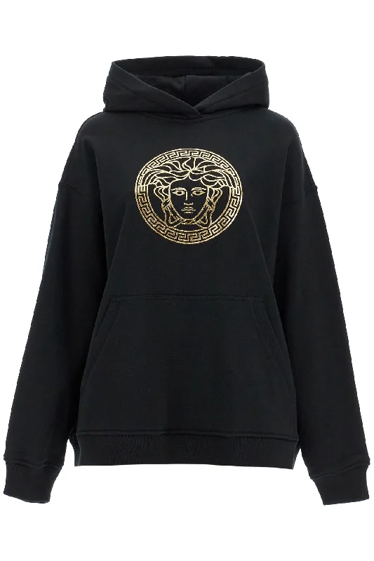 Hooded Sweatshirt With Med  - Black Hoodie with Puffed Sleeves Voluminous Trendy