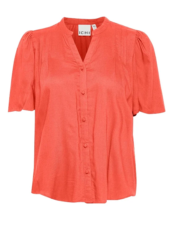 Ichi Nasreen Pleated Shoulder Blouse, Hot Coral Cotton Casual Blouse