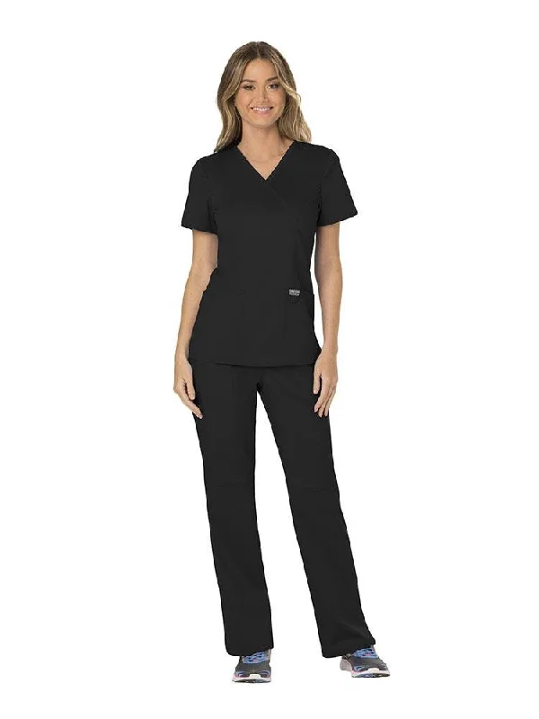 Revolution Women's Scrub Set Mock Wrap Top & Petite Pants | Black Relaxed Casual Leggings Revolution Women's Scrub Set Mock Wrap Top & Petite Pants | Black Relaxed Casual Leggings