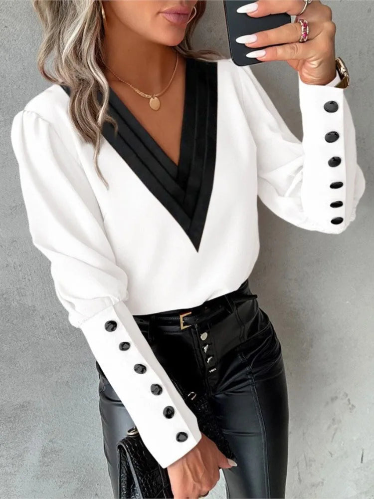 Women's V-Neck Fashion Designer Button Sleeved Blouse Long-Sleeve Tops Chic Ruffle Blouse Women's V-Neck Fashion Designer Button Sleeved Blouse Long-Sleeve Tops Chic Ruffle Blouse