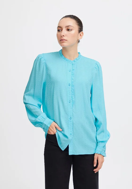 Ichi Gemano Frill Trim Blouse, Blue Grotto High Neck Blouse