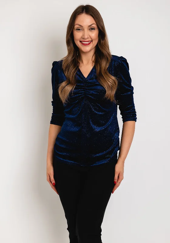 Leon Collection Ruched Detail Shimmer Blouse, Navy Casual Relaxed Blouse