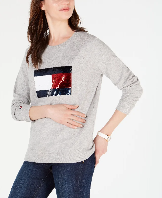 Tommy Hilfiger Sequin Logo Sweatshirt Hoodie with Relaxed Fit Easy Casual