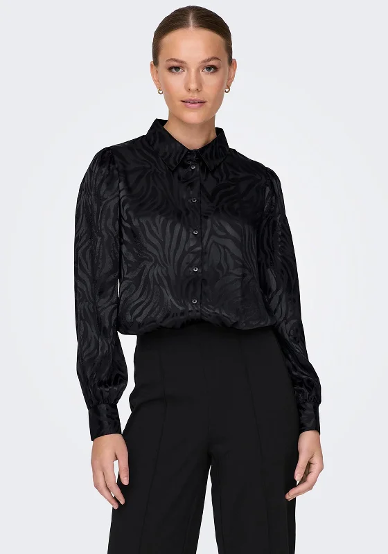JDY Diffi Satin Zebra Print Blouse, Black Chic Ruffle Blouse