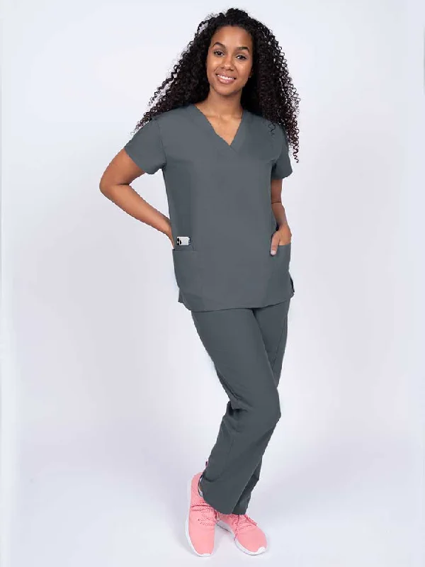 Luv Scrubs Women's Scrub Set V-neck Top & Petite Pants | Pewter Fashionable Track Pants Luv Scrubs Women's Scrub Set V-neck Top & Petite Pants | Pewter Fashionable Track Pants