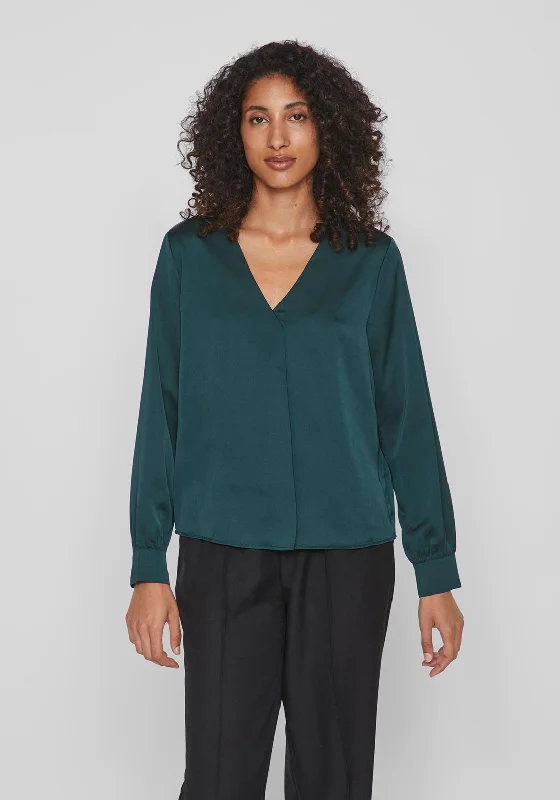 Vila Ellette V-Neck Satin Blouse, Ponderosa Pine Asymmetric Hem Blouse