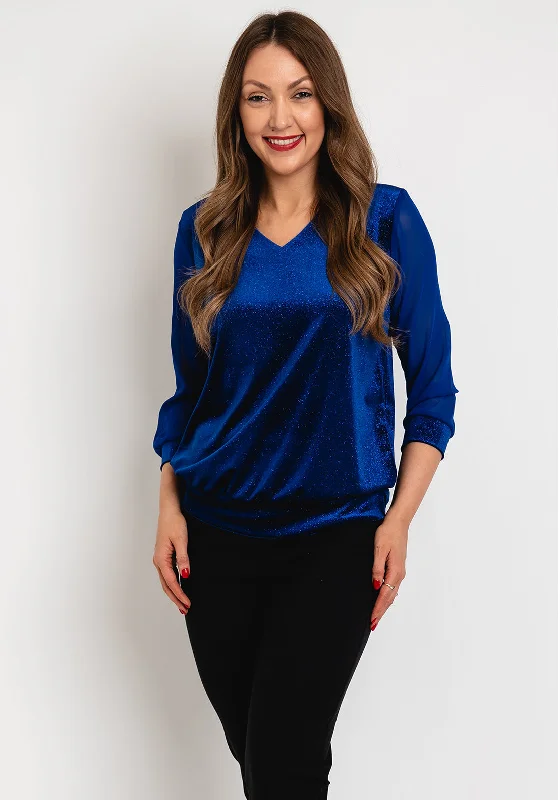 Leon Collection V-Neck Shimmer Blouse, Royal Blue Feminine Pastel Blouse