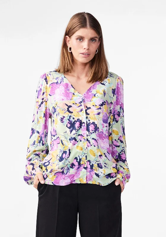Y.A.S Alira V-Neck Floral Blouse, Quiet Green Feminine Tie Blouse