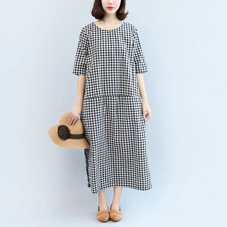 2024 black white plaid cotton dresses baggy loose half sleeve maxi dress side open Classic Black Maxi Dress 2024 black white plaid cotton dresses baggy loose half sleeve maxi dress side open Classic Black Maxi Dress
