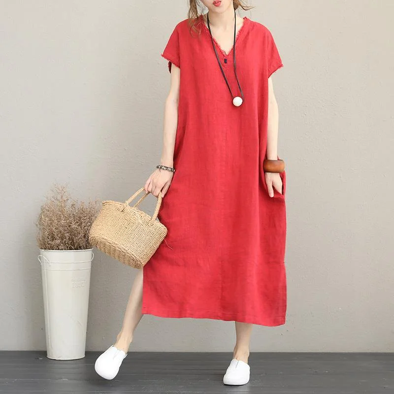 2018 red natural cotton dress casual v neck traveling dress Elegant side open maxi dresses Fashionable Open-Back Maxi Dress 2018 red natural cotton dress casual v neck traveling dress Elegant side open maxi dresses Fashionable Open-Back Maxi Dress