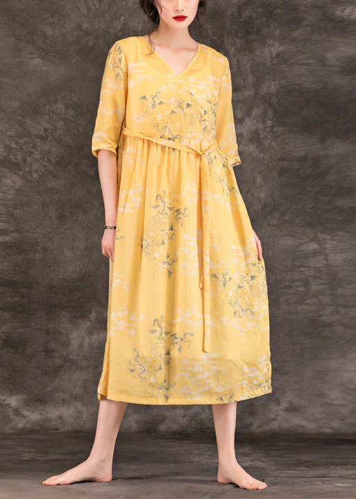 Classy v neck pockets linen dresses 2024 Work Outfits yellow print Maxi Dress Summer Cozy Maxi Dress with Slit